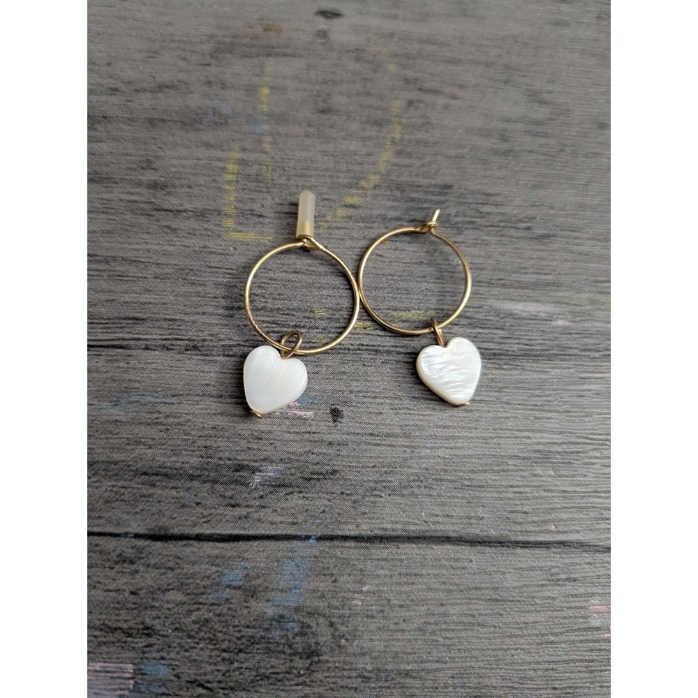 Gold Hoop Earrings with White Iridescent Heart Charms Romantic Minimalist